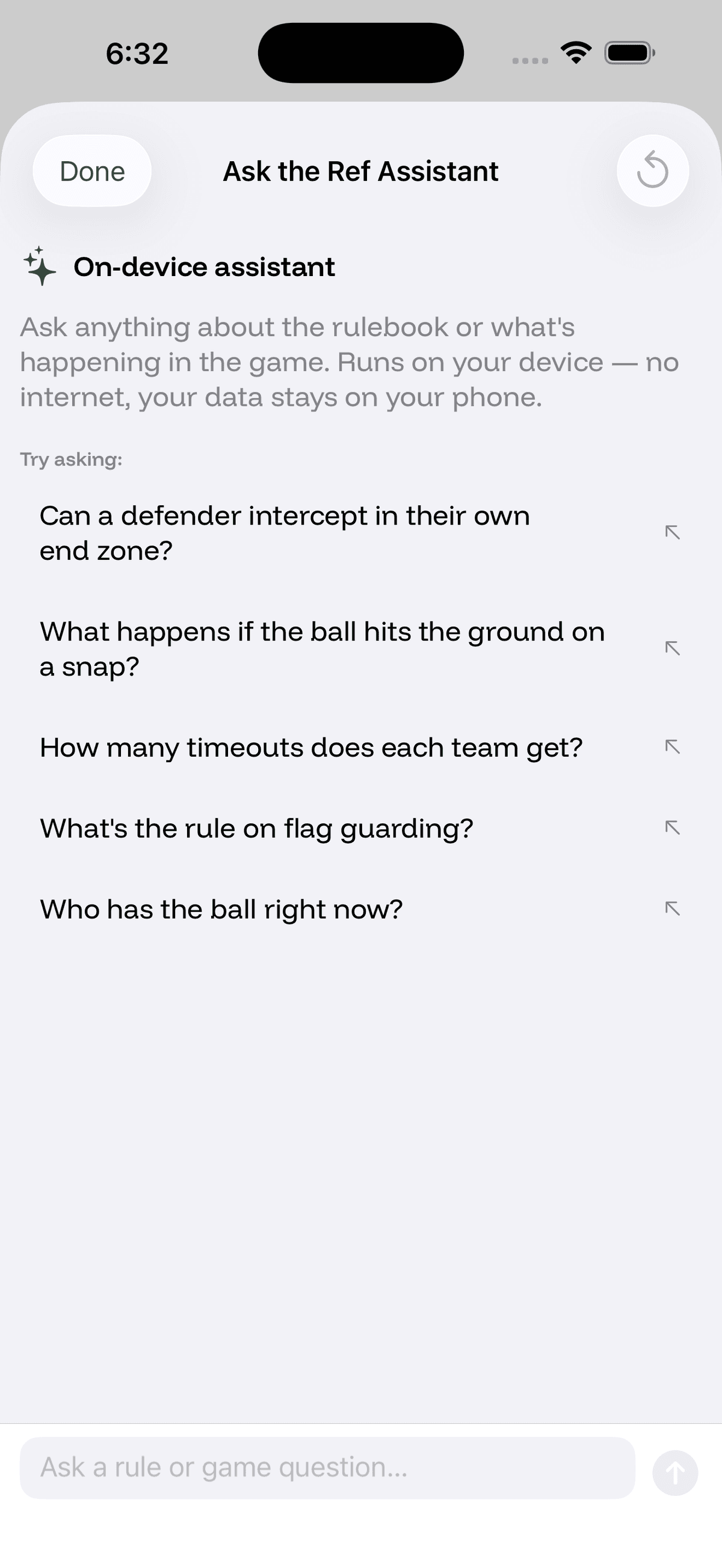 RecStat Ref Assistant — on-device Q&A sheet with sample prompts about interceptions in your own end zone, ball position on the snap, timeouts per team, flag guarding, and ball possession