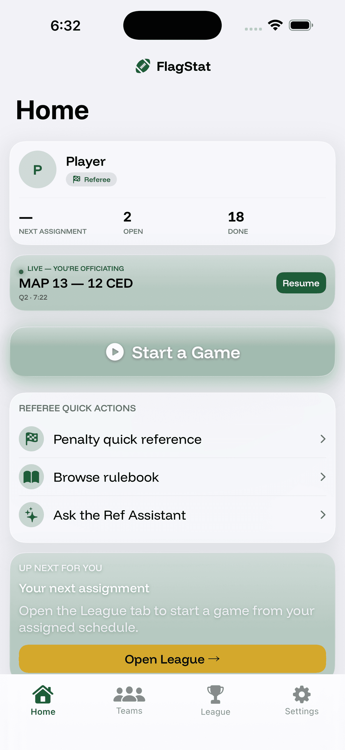 RecStat home screen on iPhone showing the player profile, stat tiles, a live game resume card, and Start a Game CTA