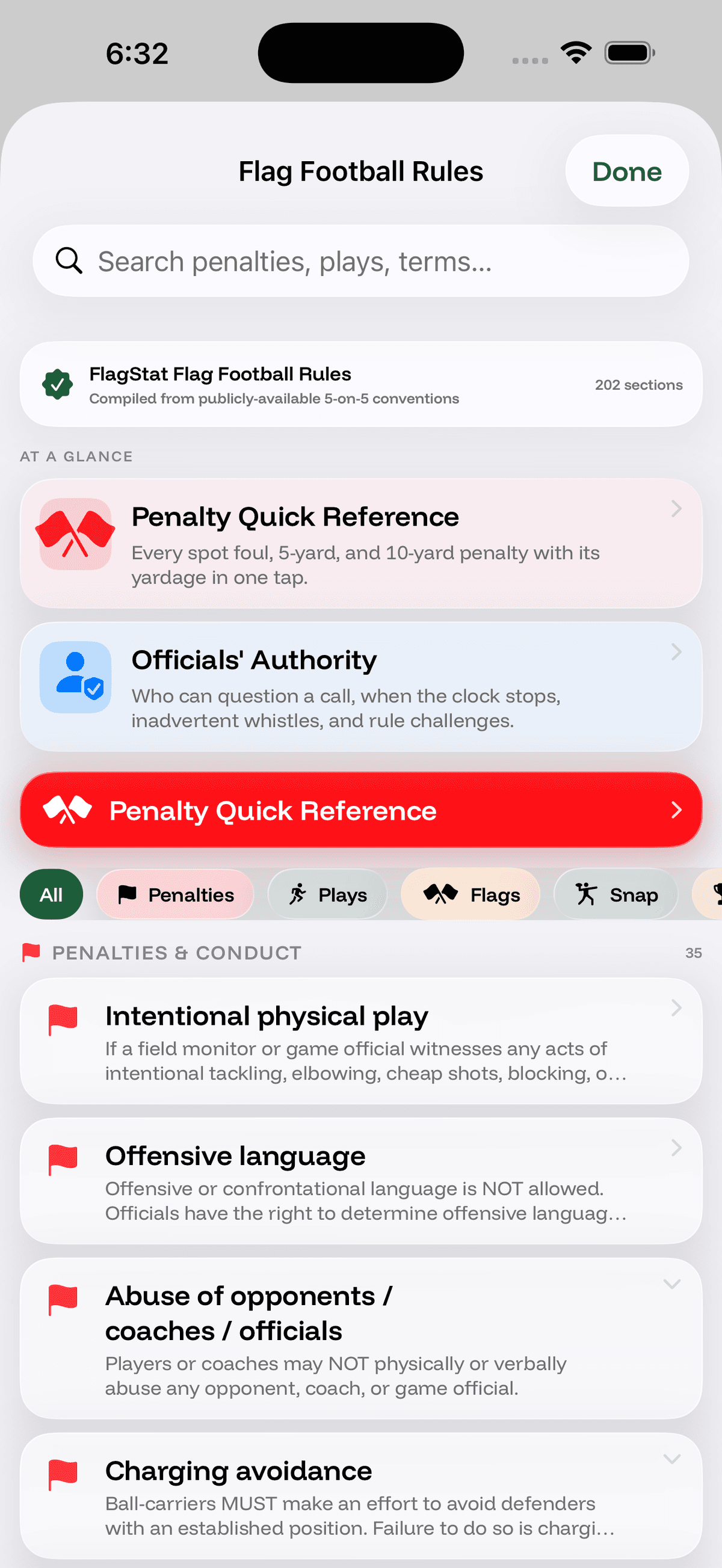 RecStat in-app rulebook — search bar, Penalty Quick Reference, Officials' Authority cards, and faceted filter chips for Penalties, Plays, Flags, Snap, Scoring, and Timing