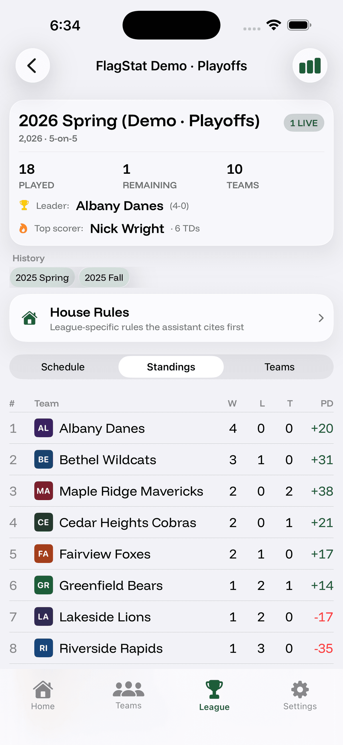 RecStat league standings on iPhone — full table sorted by W-L-T and point differential